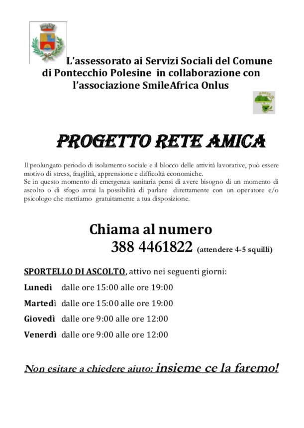Parte il Progetto  "Rete Amica"  per supportare i cittadini del Comune di Pontecchio Polesine durante l'emergenza Covid-19